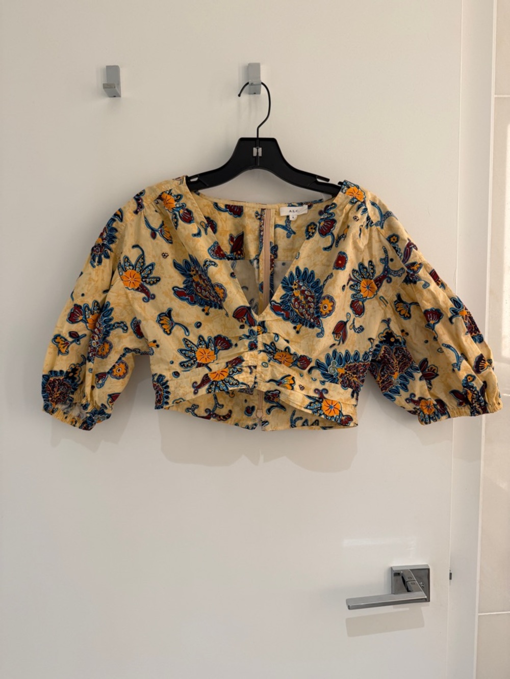 A.L.C. Yellow Floral Cropped Puff-Sleeve Top